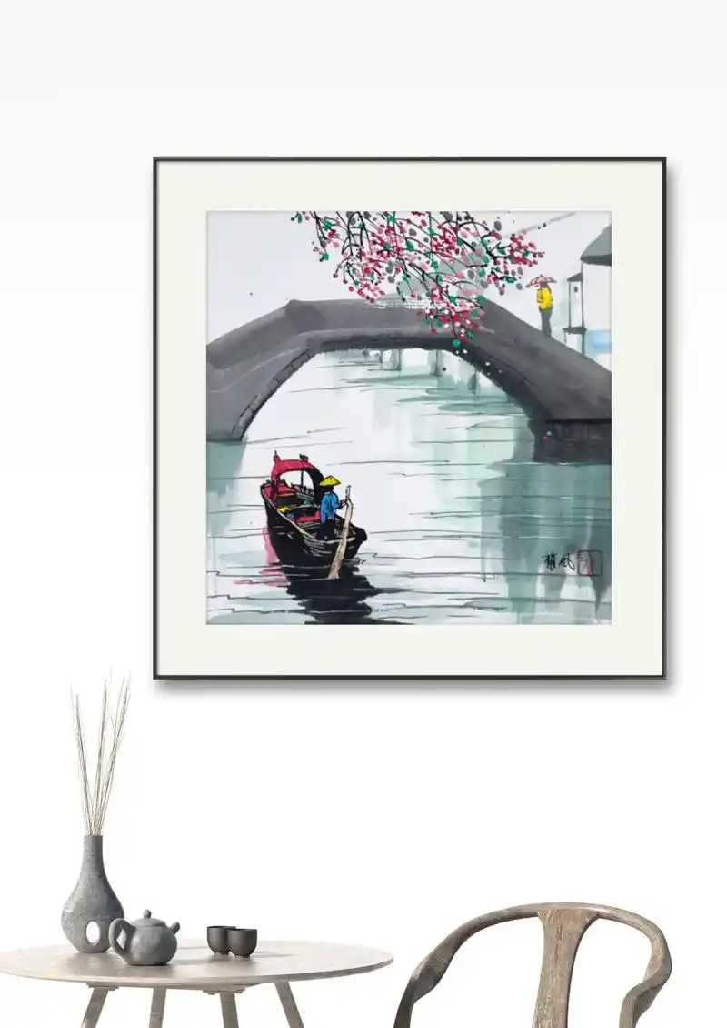 江南小船轻摇桨.#国画 #新中式国风 #江南 #山水画 - 抖音