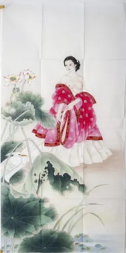 工笔画国画四尺工笔仕女图 荷花少女对荷梳妆 静萱画4725 没提款