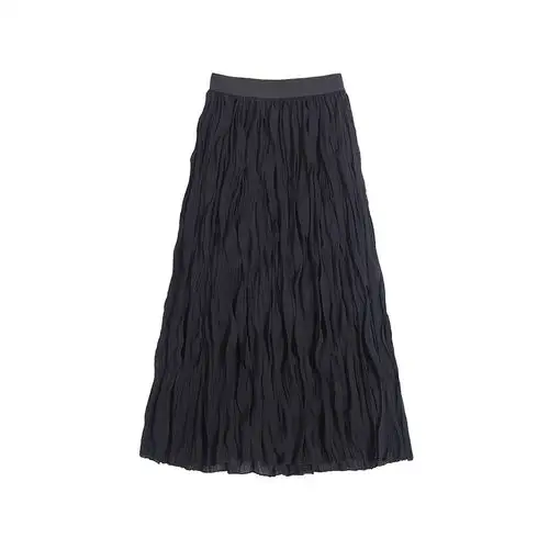 十早自制 法式复古百褶波浪裙chic春新款宽松长裙百搭雪纺半身裙