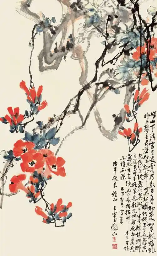 于希宁乙丑681985年作凌霄花镜框设色纸本