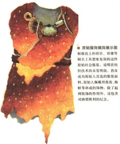 到了旧石器时代晚期,人们学会了用兽筋作线,兽皮树叶为布,再用骨针将