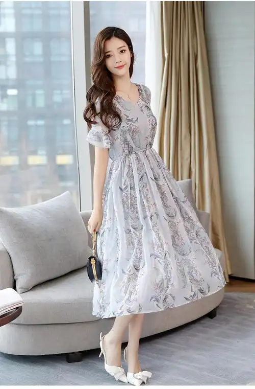 夏季新款女装韩版长款沙滩裙短袖仙女气质雪纺长裙连衣裙