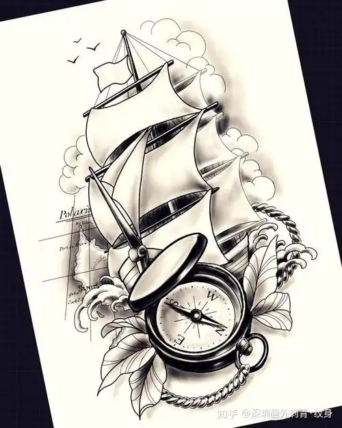 指南针与帆船组合的纹身手稿指南针与船锚组合的纹身图案指南针与沙漏