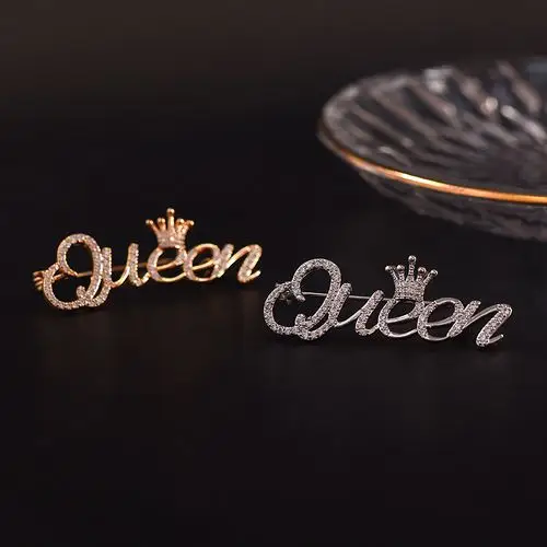 ins日系高档胸针英文字母queen镶钻个性徽章胸针