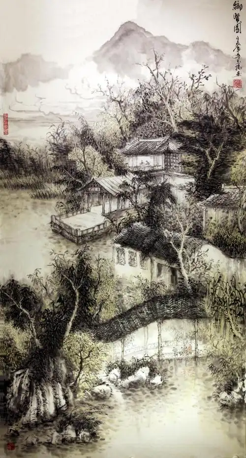 黄志扬《乡贤园》180×96cm历来描绘江南之景的画家并不少,他们大多以