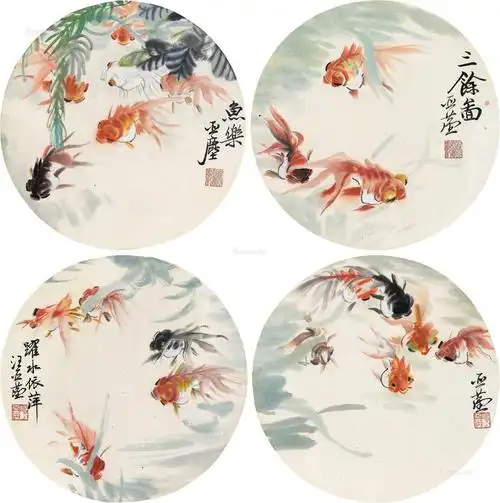0029 金鱼 (四件) 团扇连框