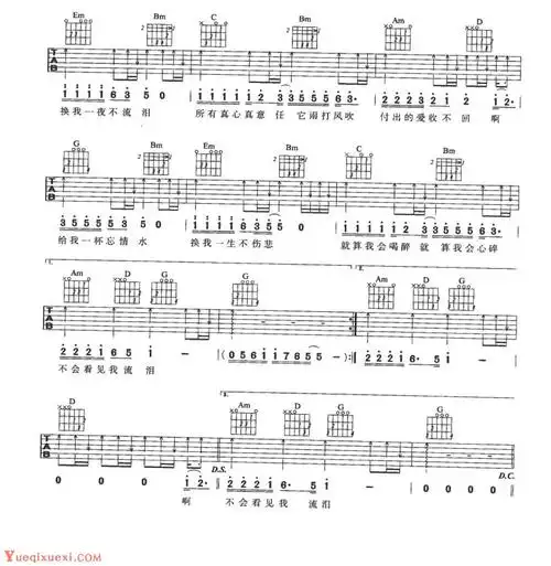 吉他弹唱流行歌曲《忘情水》g大调/四四拍/分解和弦 扫弦_指弹吉他谱