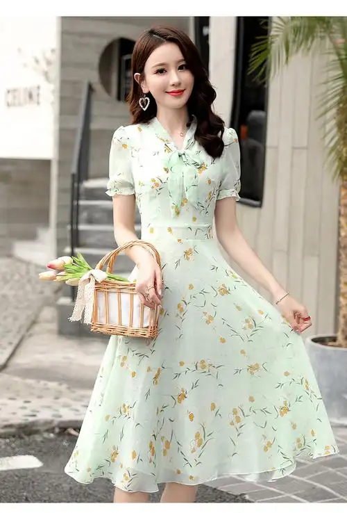 cq xbl825时尚印花雪纺中长款连衣裙【优】