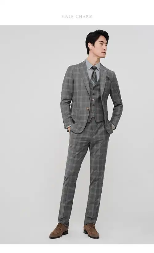 【羊毛桑蚕丝】jodoll乔顿灰色格纹西服男感商务正装西装外套 灰色