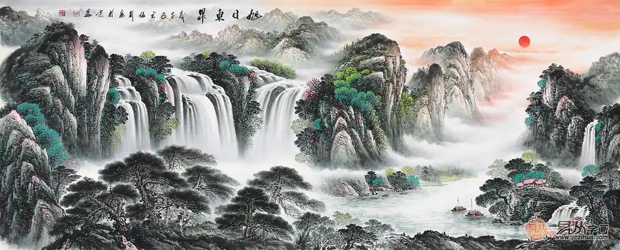 招财进宝 2019张利新品聚宝盆山水画《旭日东升》