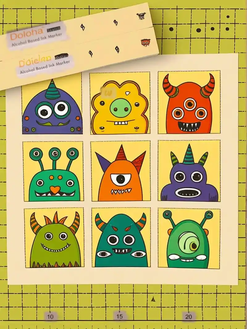 这是一幅超可爱的小怪兽九宫格卡通画,简直是太萌了!