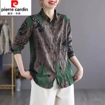 ゞ皮尔卡丹高档品牌女装棉麻衬衫女印花棉麻长袖衬衫女2022秋新款宽松