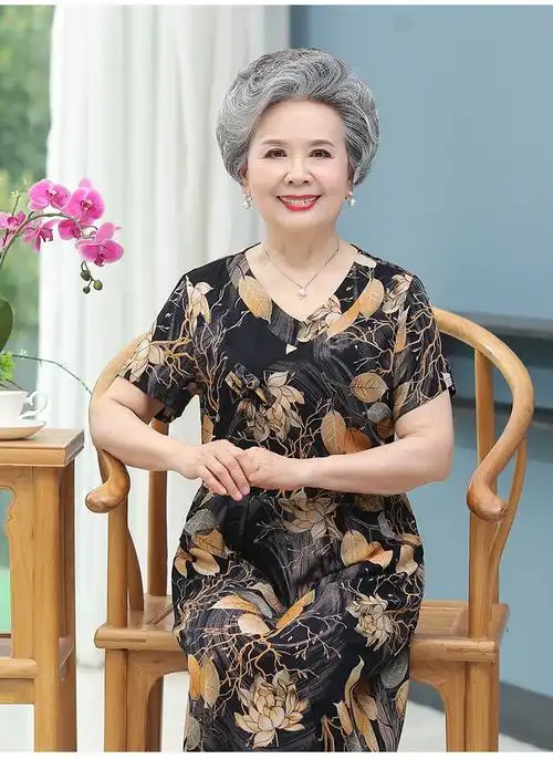 绵绸连衣裙女裙子中长款妈妈短袖60岁长裙宽松黑色294xl建议150160斤