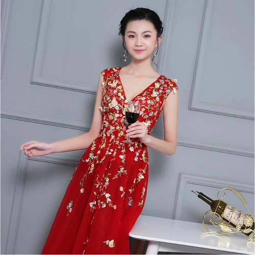 红色蕾丝花裙长裙v领性感飘逸轻纱2018新款礼服定制新娘敬酒礼服