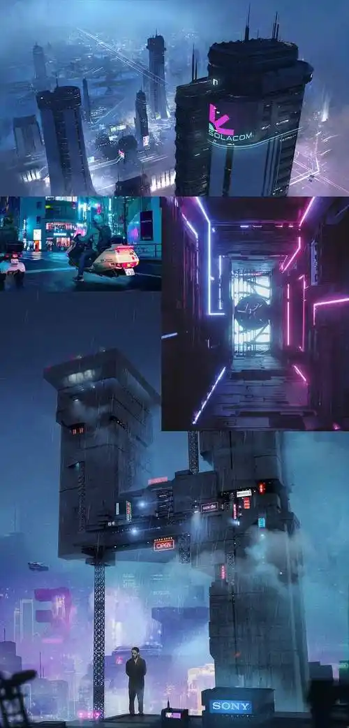 赛博朋克街景效果图场景建筑街道概念图气氛图参考图素材原画淘宝网