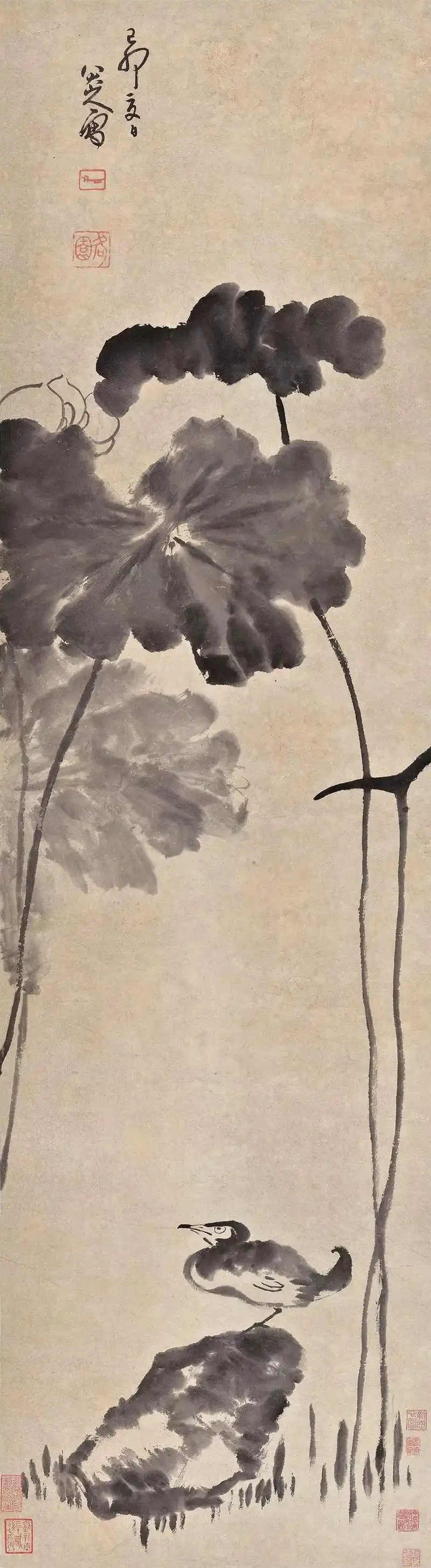 【书画精览】清代遗风—八大山人《花鸟四屏》_荷叶