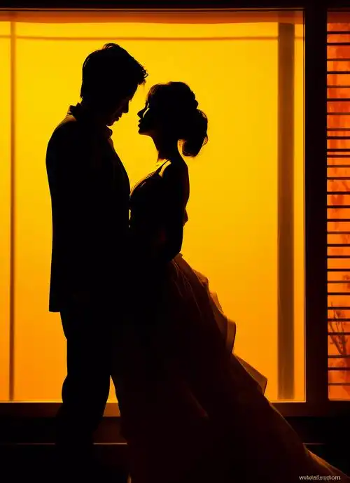 西式婚礼新郎新娘幸福亲吻的剪影浪漫氛围灯光