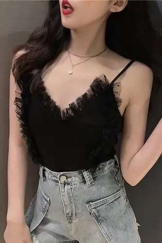 ins网红洋气小吊带修身显瘦上衣纯色性感v领蕾丝边吊带背心潮