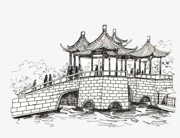 扬州,五亭桥,黑白,素描画,瘦西湖,风景画, 地标