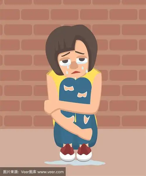 哭泣的女孩坐在拥抱她的膝盖附近的墙壁矢量卡通