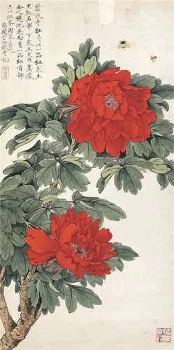 于非闇《朱砂牡丹》98×41cm纸本设色1953年北京画院藏