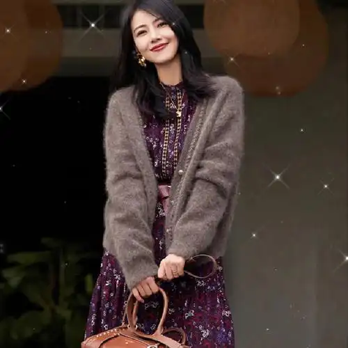 明星同款高圆圆法式碎花连衣裙女2021秋冬款毛针织衫外套两件套装