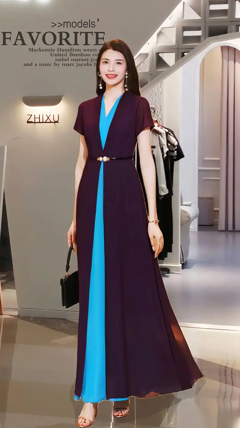 高贵气质收腰修身显瘦长款拼接大摆长裙!