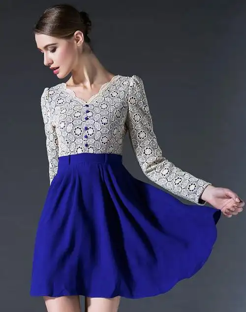 米蓝色长袖知性优雅修身连衣裙