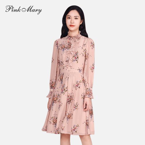pinkmary粉红玛丽秋季长袖连衣裙桑蚕丝印花荷叶领女裙pmakw5508