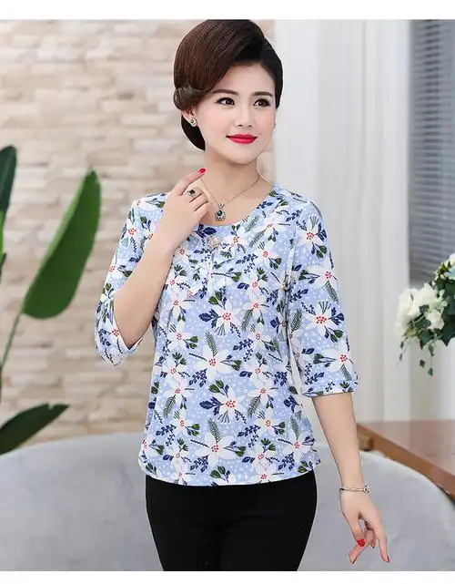 中老年女夏装中袖t恤打底衫50老年人冰丝小衫大码妈妈七分袖上衣 3号