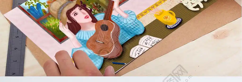 房间里面弹着尤克里里的女孩和猫