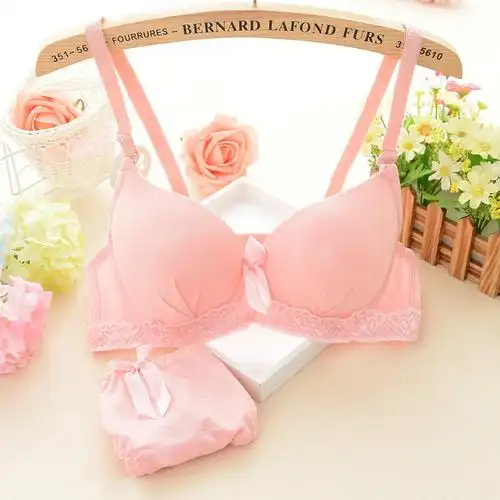 日系少女生聚拢文胸蕾丝边中模杯学生高中生性感棉质内衣内裤套装