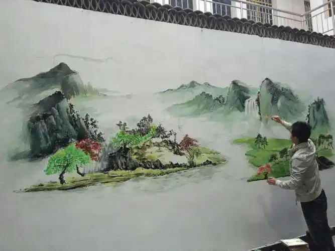 手绘墙 壁画 兄弟庭院巨幅山水