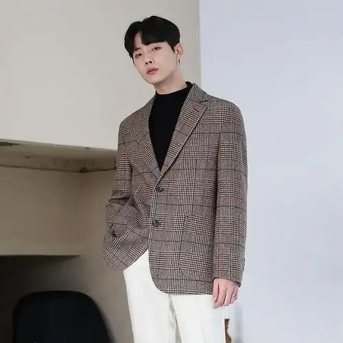 秋冬季格子西装外套男港复古韩版潮流痞帅西服西服
