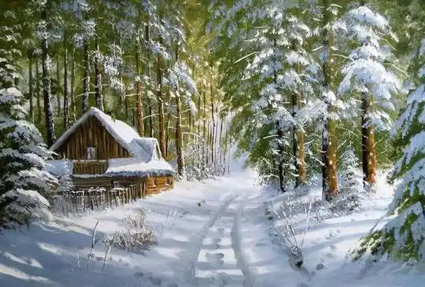 波兰冬季雪景森林风景油画︱马列克·什切帕尼亚克作品