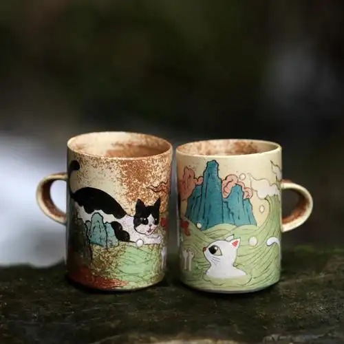山水间猫咪戏水手绘童话杯子景德镇陶瓷马克复古水杯马克杯