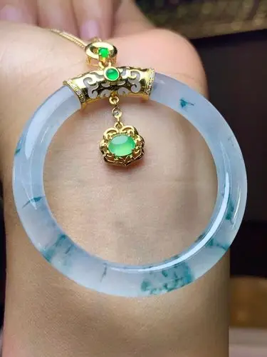 正品玉石缅甸天然翡翠a货18k金豪华镶嵌高冰种飘花甜甜圈吊坠玉坠