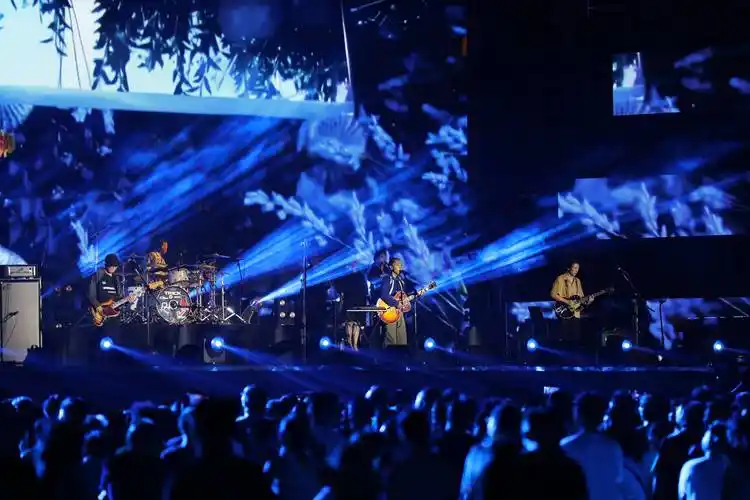 演唱会现场人头攒动,气氛热烈,歌手在台上激情开麦,歌迷在台下"开火车