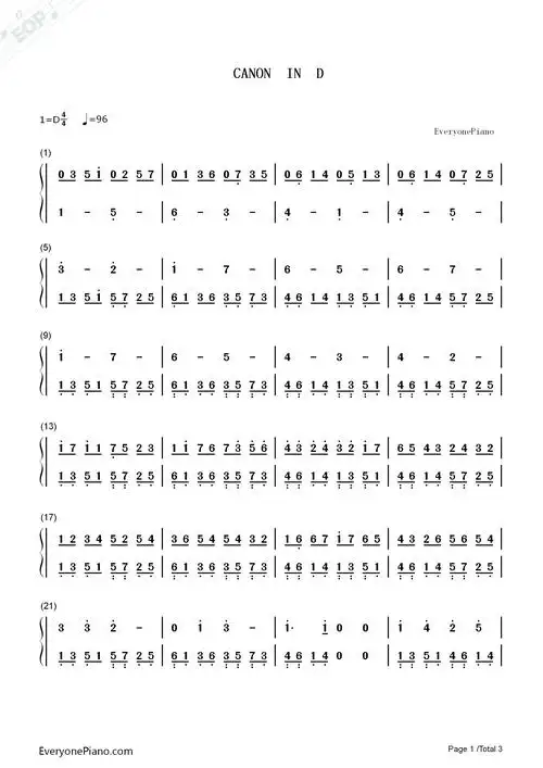 卡农简单好听版-eop教学曲双手简谱预览1-钢琴谱文件(五线谱,双手简谱
