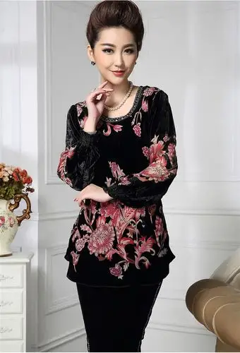 宜黎姿 桑蚕丝真丝上衣女春秋季新款中老年长袖印花圆领大码妈妈装 4