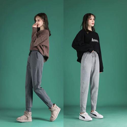 秋季 灰色运动裤 女2022新款 小个子纯棉加绒时尚 休闲卫裤 - 女装