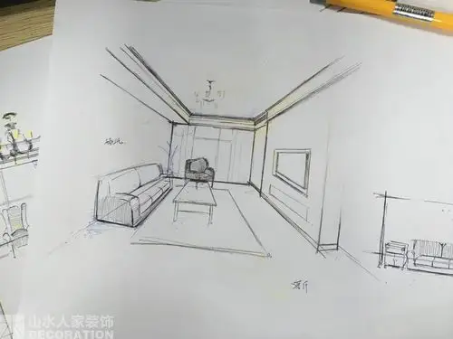 山水人家装饰设计师黄健勇在施工前画的客厅手绘图