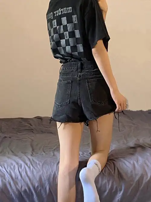 夏季新款黑灰色大码牛仔短裤胖mm高腰显瘦宽松a字热裤女韩版百… - 17