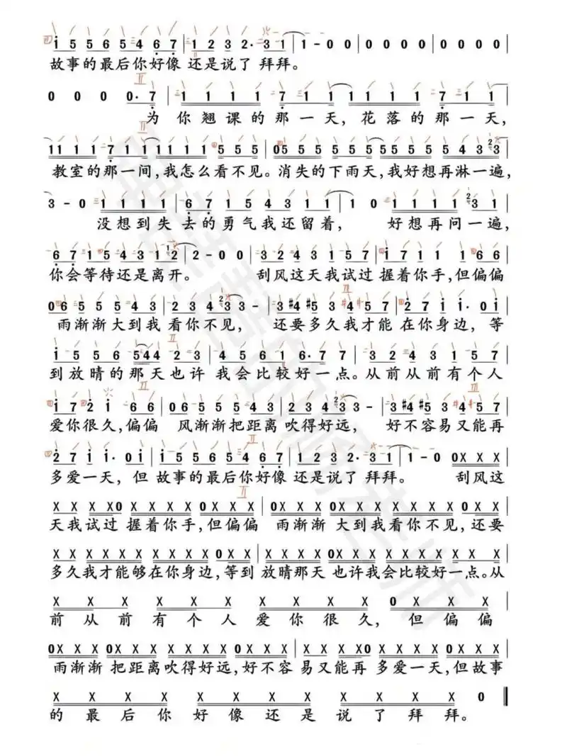 《晴天》琵琶谱 难度:1级左右 	 指法自己编的,难度可调