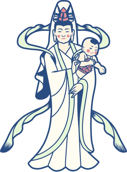 中式复古神仙线描插画送子观音