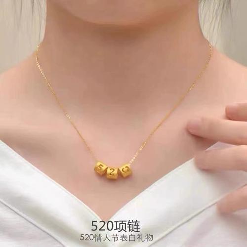 沙金项链女仿黄金首饰镀24k圆珠o字细锁骨毛衣链福牌吊坠不掉色