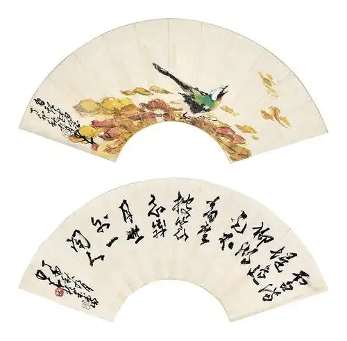 赵少昂 花鸟,书法扇面