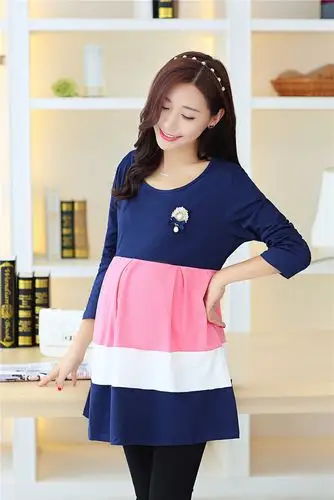 时尚休闲孕妇装时尚拼色长袖孕妇上衣韩版秋装中长款孕妇t恤魅力潮流