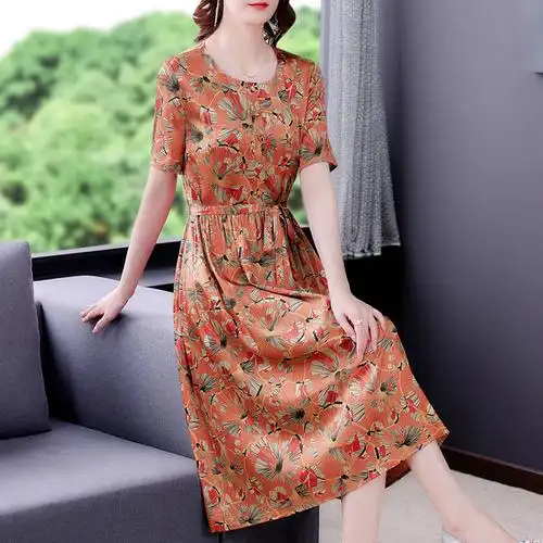 杭州真丝连衣裙贵夫人夏季新款印花中长款高端洋气桑蚕丝a字裙子