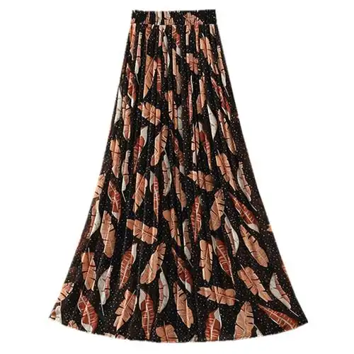 小清新树叶波点百褶碎花半身裙女秋季薄款雪纺中长款a字沙滩裙子